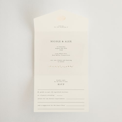 This is a sand all in one wedding invitations with foil pressed by Hannah Bowman called simple seashell printing on value cover in all-in-one