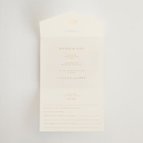 This is a sunrise all in one wedding invitations with foil pressed by Hannah Bowman called simple seashell printing on value cover in all-in-one