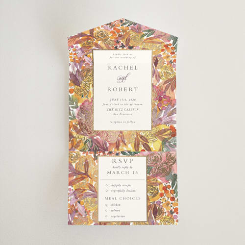 This is a amber all in one wedding invitations with foil pressed by Alexandra Dzh called autumn flowers printing on value cover in all-in-one