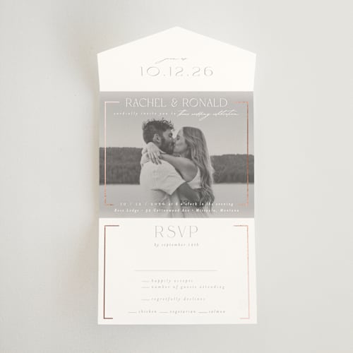 This is a snow all in one wedding invitations with foil pressed by AK Graphics called bellino printing on value cover in all-in-one