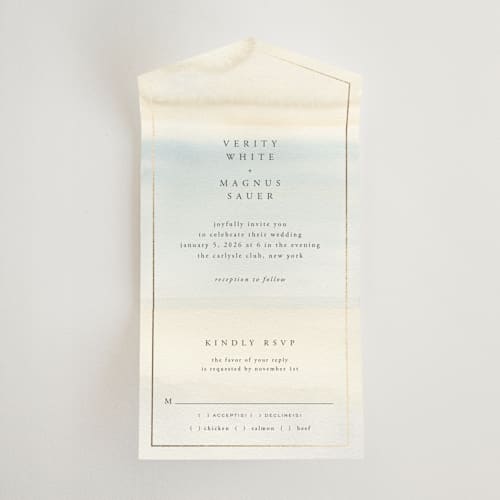This is a sand all in one wedding invitations with foil pressed by Janean Hinger called contemplate printing on value cover in all-in-one