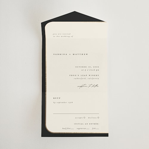 This is a black tie all in one wedding invitations with foil pressed by Carolyn Nicks called tuxedo printing on value cover in all-in-one