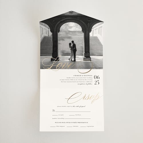 This is a cloud all in one wedding invitations with foil pressed by Shannon Chen of Four Wet Feet Studio called love printing on value cover in all-in-one