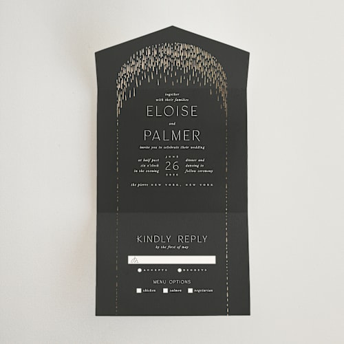 This is a midnight all in one wedding invitations with foil pressed by Leah Bisch called fringe printing on value cover in all-in-one