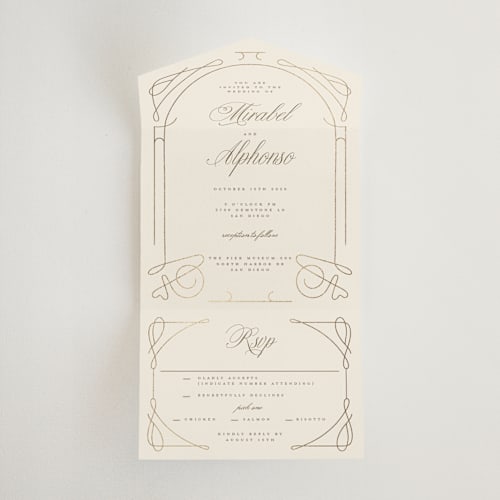 This is a cream all in one wedding invitations with foil pressed by Katie Zimpel called simple art nouveau printing on value cover in all-in-one