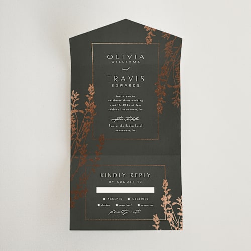 This is a ivy all in one wedding invitations with foil pressed by Kelly Schmidt called quince printing on value cover in all-in-one
