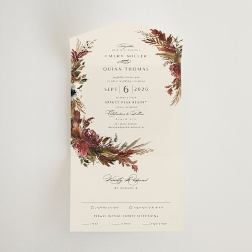 This is a autumn all in one wedding invitations with foil pressed by Kate Ahn called poetique printing on value cover in all-in-one