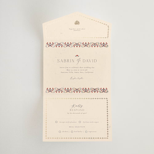 This is a scarlet all in one wedding invitations with foil pressed by Sabrin Deirani called islamic arch printing on value cover in all-in-one