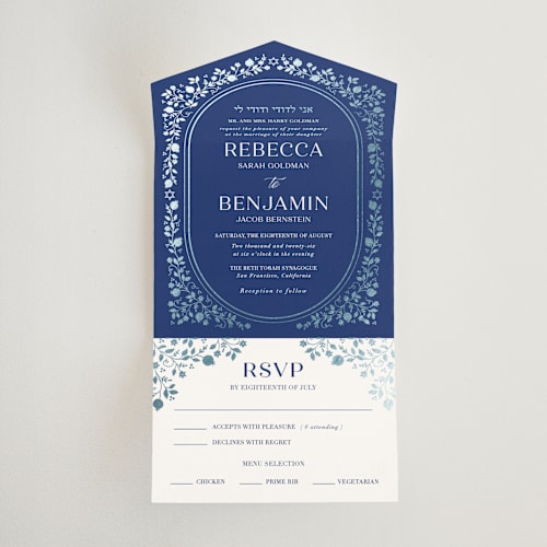 This is a royal all in one wedding invitations with foil pressed by Nam Bourassa called pomegranate floral frame printing on value cover in all-in-one