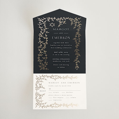 This is a midnight all in one wedding invitations with foil pressed by Ana de Sousa called beautiful chuppah printing on value cover in all-in-one