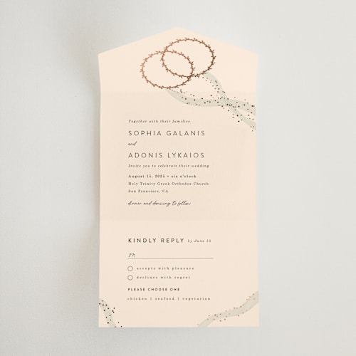 This is a linen all in one wedding invitations with foil pressed by Maria Hilas-Louie called stefana printing on value cover in all-in-one