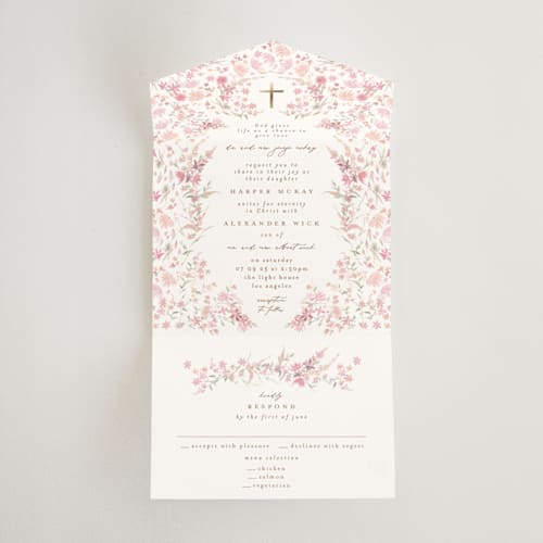This is a spring all in one wedding invitations with foil pressed by Phrosné Barwood called meadow cross printing on value cover in all-in-one