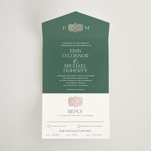This is a clover all in one wedding invitations with foil pressed by Kerry Doyle called celtic love knot printing on value cover in all-in-one