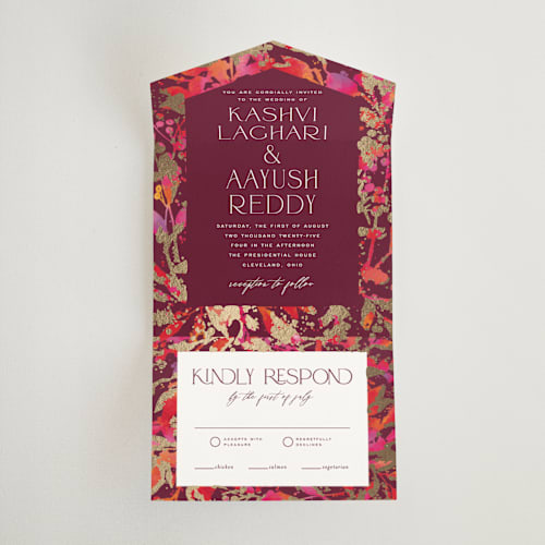 This is a sangria all in one wedding invitations with foil pressed by Jessica Corliss called bright abstract printing on value cover in all-in-one