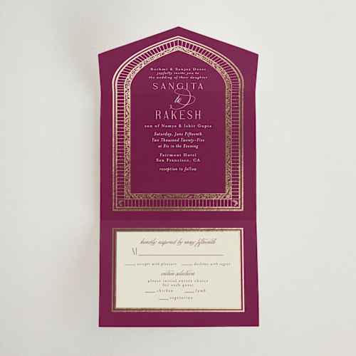 This is a garnet all in one wedding invitations with foil pressed by Chris Griffith called amber palace printing on value cover in all-in-one