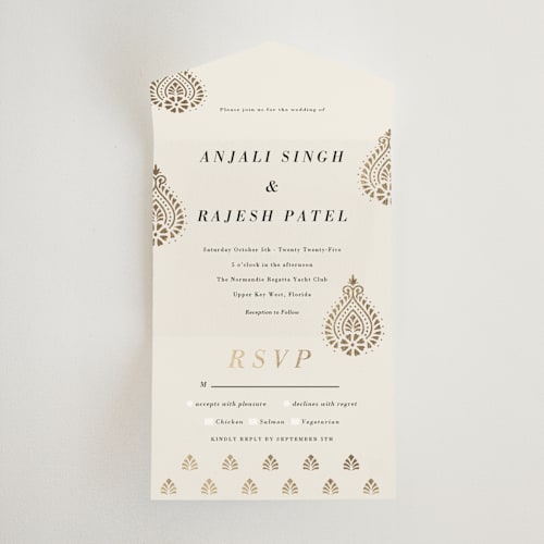 This is a champagne all in one wedding invitations with foil pressed by Oma N. Ramkhelawan called henna stamp printing on value cover in all-in-one