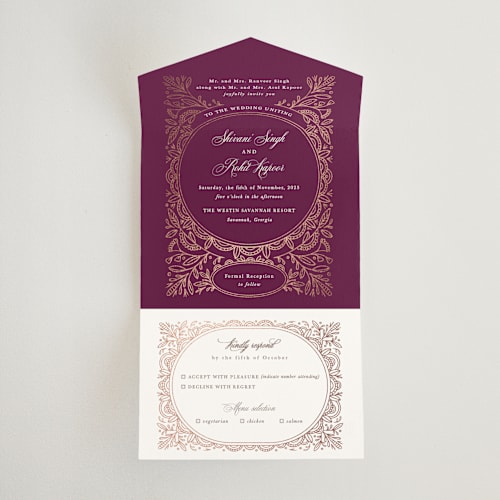 This is a amethyst all in one wedding invitations with foil pressed by Mansi Verma called zardozi printing on value cover in all-in-one