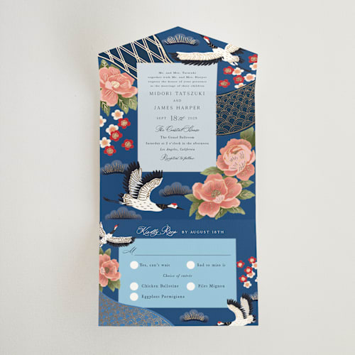 This is a ocean all in one wedding invitations with foil pressed by Elly called kimono printing on value cover in all-in-one