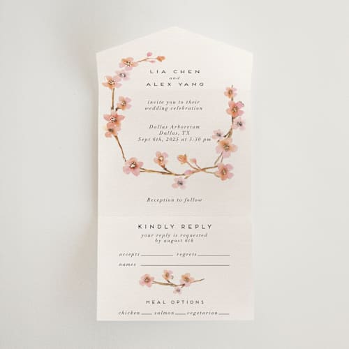 This is a blush all in one wedding invitations with foil pressed by Petra Kern called love blossom printing on value cover in all-in-one