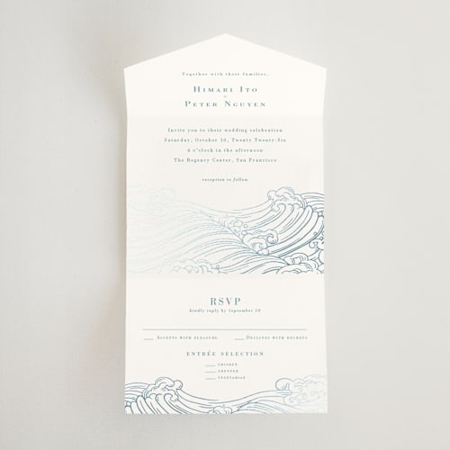 This is a aqua all in one wedding invitations with foil pressed by Jessie Steury called waves printing on value cover in all-in-one