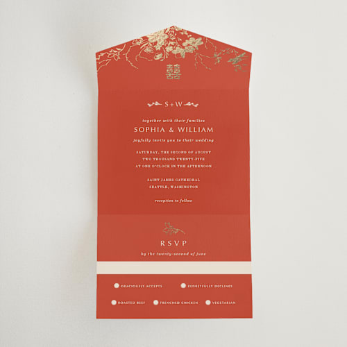 This is a lava all in one wedding invitations with foil pressed by Stellax Creative called abstract flora printing on value cover in all-in-one
