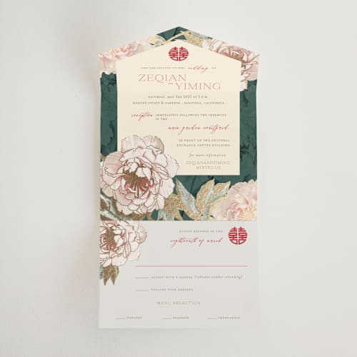 This is a evergreen all in one wedding invitations with foil pressed by fatfatin called auspicious peonies printing on value cover in all-in-one