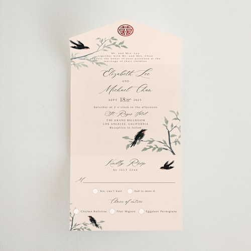 This is a cream all in one wedding invitations with foil pressed by Elly called lovebirds printing on value cover in all-in-one