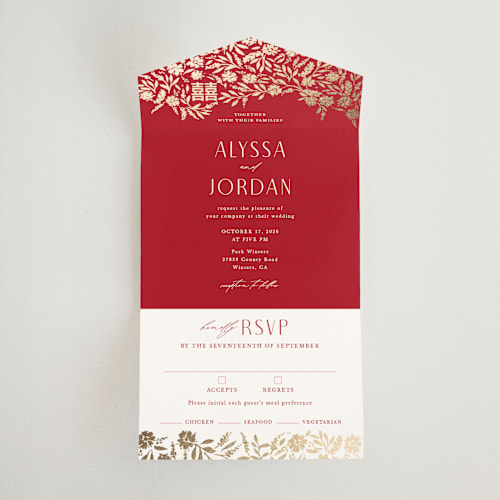 This is a ruby all in one wedding invitations with foil pressed by Yaling Hou Suzuki called garden vines printing on value cover in all-in-one