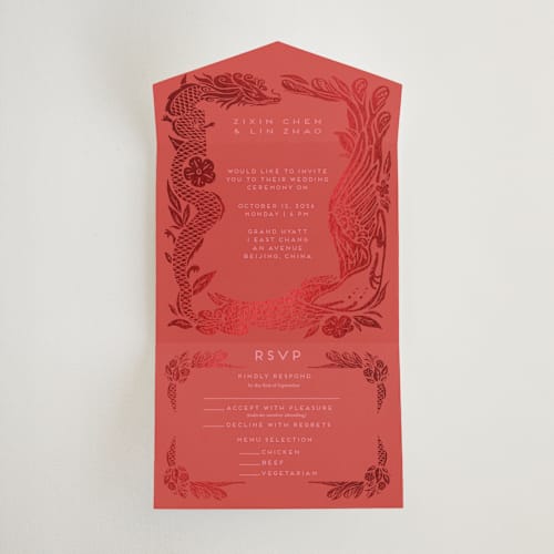 This is a ruby all in one wedding invitations with foil pressed by Ghia Designs called fiery printing on value cover in all-in-one