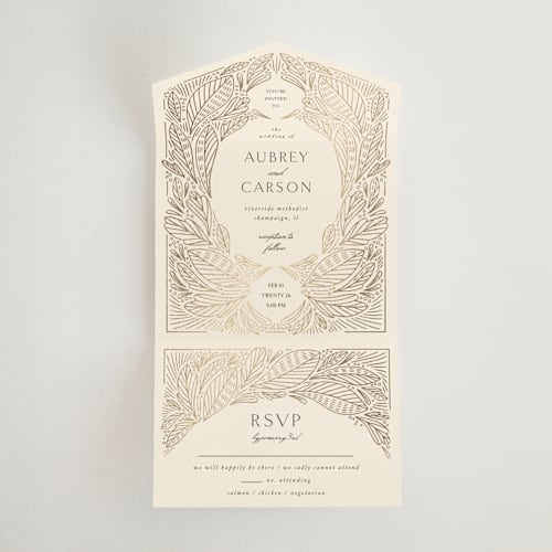 This is a cream all in one wedding invitations with foil pressed by Jen Owens called royalty printing on value cover in all-in-one