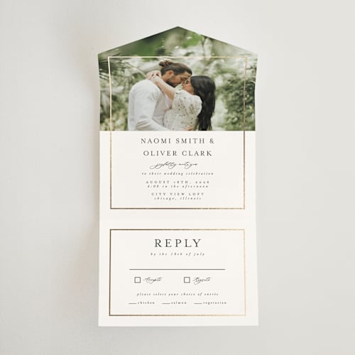 This is a pearl all in one wedding invitations with foil pressed by Nicole Walsh called gilded frame printing on value cover in all-in-one