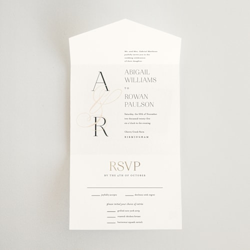 This is a chantilly all in one wedding invitations with foil pressed by Jessica Williams called initialed printing on value cover in all-in-one