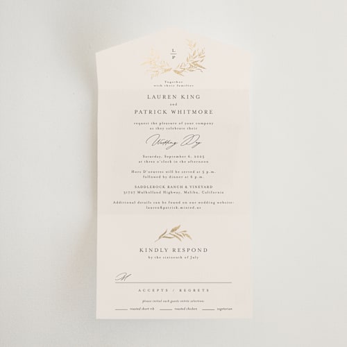 This is a porcelain all in one wedding invitations with foil pressed by Jennifer Postorino called natural monogram printing on value cover in all-in-one