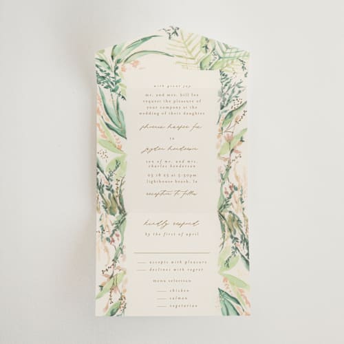 This is a greenery all in one wedding invitations with foil pressed by Phrosné Barwood called fresh tropical printing on value cover in all-in-one