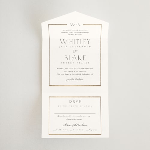 This is a cotton all in one wedding invitations with foil pressed by Stacey Meacham called luster printing on value cover in all-in-one