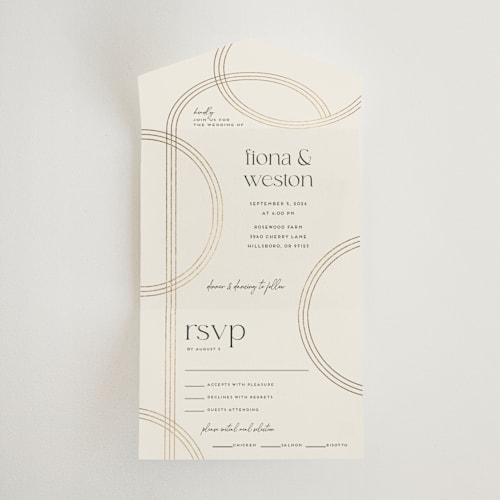 This is a chiffon all in one wedding invitations with foil pressed by Amy Payne called curves printing on value cover in all-in-one