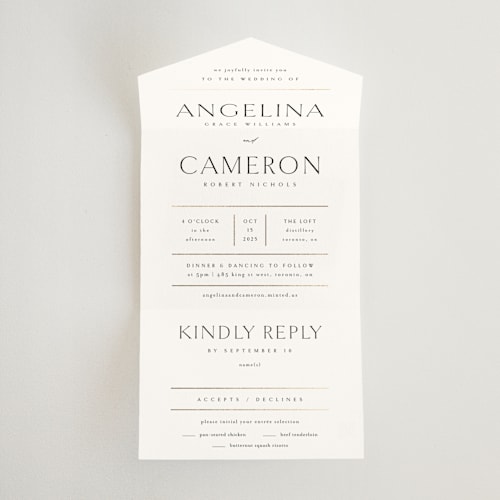 This is a silk all in one wedding invitations with foil pressed by Kelly Schmidt called sophisticate printing on value cover in all-in-one