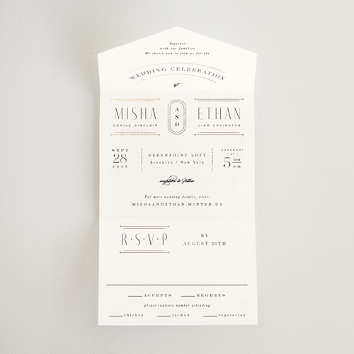This is a sugar all in one wedding invitations with foil pressed by Hooray Creative called modern deco printing on value cover in all-in-one