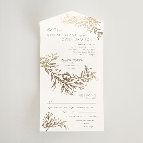 This is a pearl all in one wedding invitations with foil pressed by Melanie Kosuge called keirah printing on value cover in all-in-one
