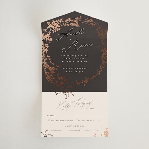 This is a cocoa all in one wedding invitations with foil pressed by Leah Bisch called bliss printing on value cover in all-in-one
