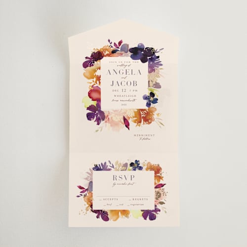 This is a cream all in one wedding invitations with foil pressed by Lori Wemple called bouquet printing on value cover in all-in-one