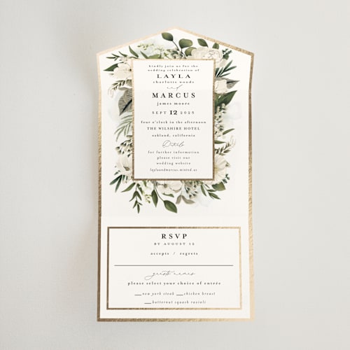This is a vanilla all in one wedding invitations with foil pressed by Susan Moyal called classic love printing on value cover in all-in-one
