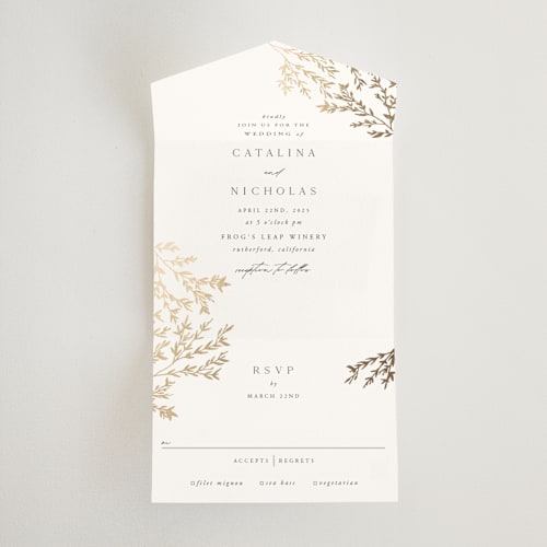 This is a cotton all in one wedding invitations with foil pressed by Carolyn Nicks called swoon printing on value cover in all-in-one