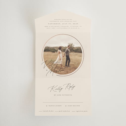 This is a taupe all in one wedding invitations with foil pressed by Kelly Schmidt called encircled love printing on value cover in all-in-one