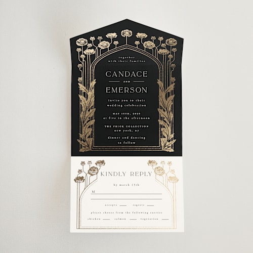 This is a onyx all in one wedding invitations with foil pressed by Ana de Sousa called nouveau flowers printing on value cover in all-in-one
