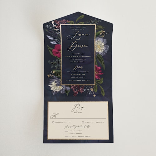 This is a jewel all in one wedding invitations with foil pressed by Susan Moyal called after midnight printing on value cover in all-in-one