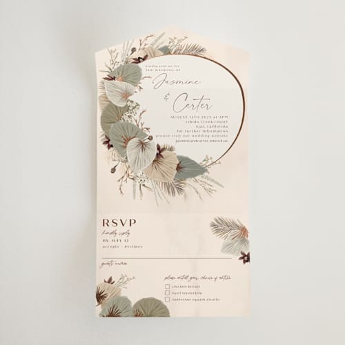This is a dusk all in one wedding invitations with foil pressed by Susan Moyal called jasmine printing on value cover in all-in-one