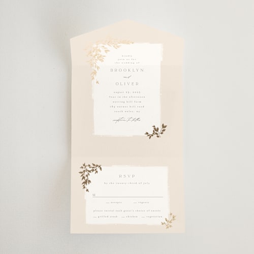 This is a latte all in one wedding invitations with foil pressed by Kristie Kern called everly printing on value cover in all-in-one