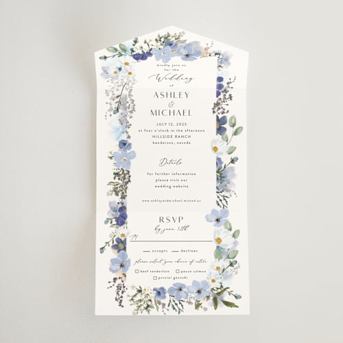 This is a serenity all in one wedding invitations with foil pressed by Susan Moyal called layered florals printing on value cover in all-in-one