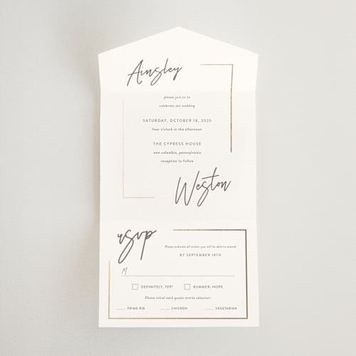This is a milk white all in one wedding invitations with foil pressed by Robin Ott called balanced printing on value cover in all-in-one